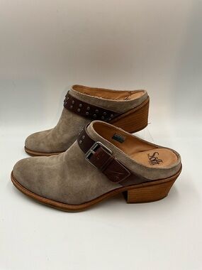 Sofft Mule Shoes Size 9.5 Taupe Suede Slide-on with Brown Studded Strap